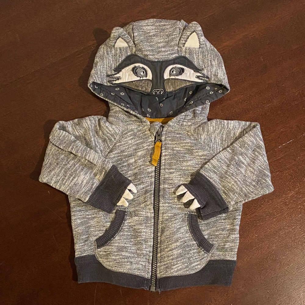 Unique gray raccoon animal hoodie sweater sz 12 mos